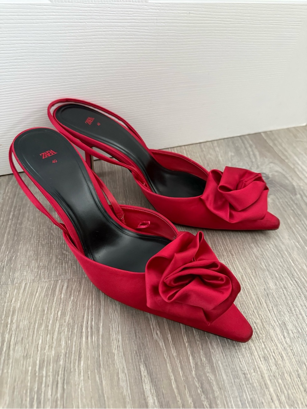 Zara Red Satin Pointed Slingback Pumps with Rosette